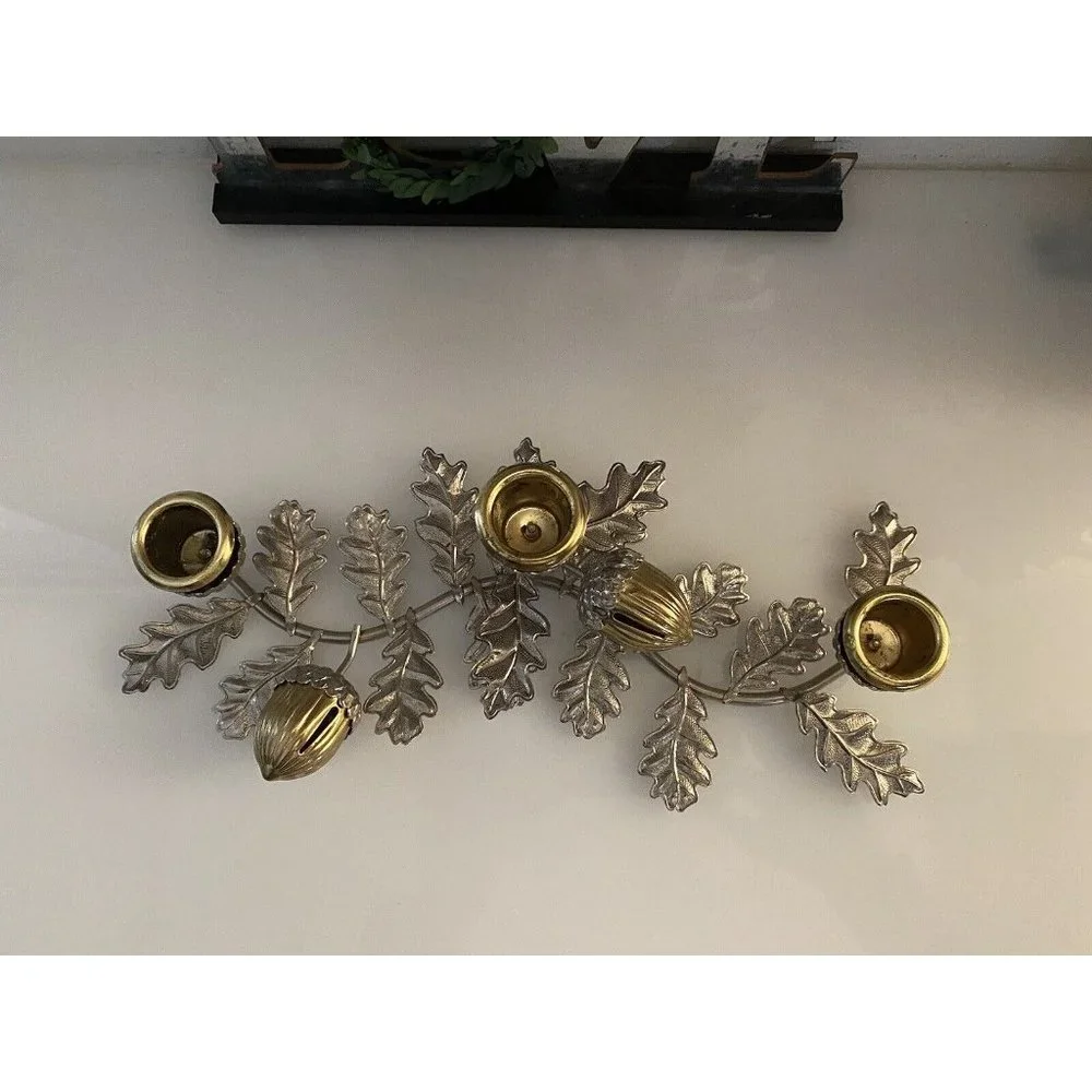 Silver‎ & Gold Tone Horizontal Candlestick Stick Holder Leaf w Hazelnut Design